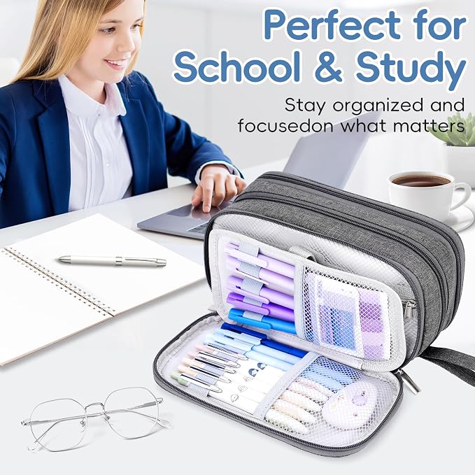 Pencil Case Large Capacity, 3 Compartment Gray Big Pen Pouch with Zipper | Durable Stationery Organizer, Portable Marker Pen Bag for Teens, College and High School Students, Adults and Teachers