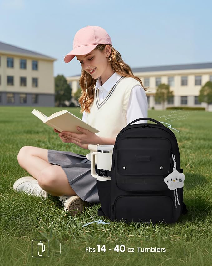 LOVEVOOK School Backpack for Teen Girl, Cute Bookbag with Large Bottle Holder, Lightweight Elementary Middle High School Student Backpack Fits 15.6 Inch Laptop, Back to Schools Kid Gift, Black