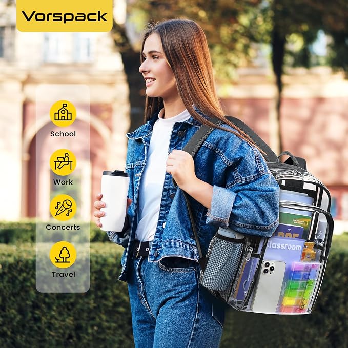 Vorspack Clear Backpack Heavy Duty - Clear Backpacks Transparent Bookbag for Girls Boys Large See Through Bag for Work, College, Concert - Black