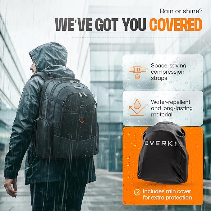 EVERKI Business 120 Laptop Backpack 40L with Rain Cover - Large Compartment Fits Up To 18.4", Travel Friendly Lightweight Business & Office Bag, 180° Fold-Out Design, Multiple Padded Pockets, Black