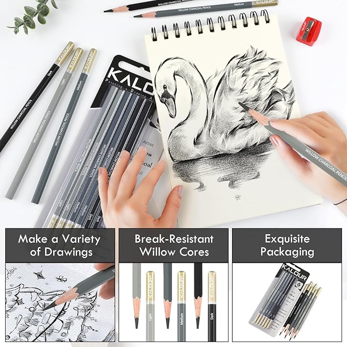KALOUR PDAS Professional Willow Charcoal Pencil Set - 6 Premium Pencils (Light to Dark Shades) for Drawing, Sketching & Shading, Artist-Grade Tools for Beginners & Professionals
