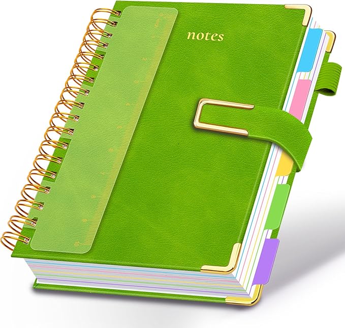Hardcover Spiral Notebook College Ruled, 8.5"x11" Leather Journal Notebook with Magnetic Closure, 300 Pages 5 Subject Notebook with Dividers Tabs Journal for Women Men, Work, School(Grass Green)
