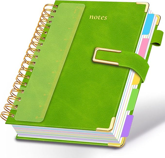 Hardcover Spiral Notebook College Ruled, 8.5"x11" Leather Journal Notebook with Magnetic Closure, 300 Pages 5 Subject Notebook with Dividers Tabs Journal for Women Men, Work, School(Grass Green)