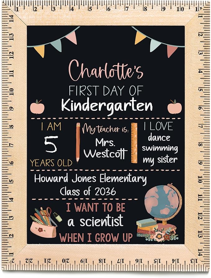 Bloom Owl First Day of School Chalkboard Sign - 11.5"x15" Reusable Back to School Photo Prop with Wooden Ruler Frame for Preschool, Kindergarten, and Beyond (Flags- Pastel)