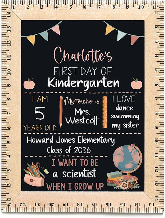Bloom Owl First Day of School Chalkboard Sign - 11.5"x15" Reusable Back to School Photo Prop with Wooden Ruler Frame for Preschool, Kindergarten, and Beyond (Flags- Pastel)