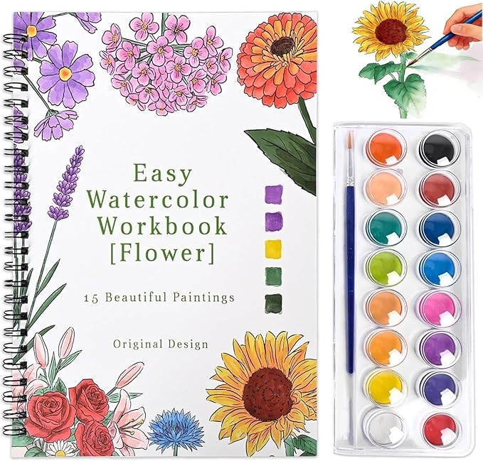 Watercolor Workbook,15 Flower Patterns of Original DIY Designs,16 Colors Watercolor Paint Set with Brush Palette,Beginner-Friendly Water Color Workbooks,Water Coloring Book for Adults