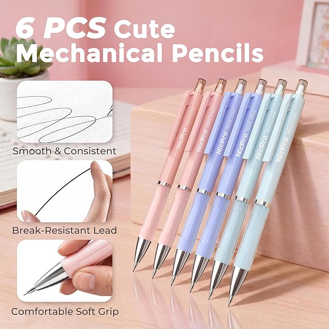 Nicpro 6PCS Cute Mechanical Pencil Set with Case, 0.7 mm Mechanical Pencils with 6 Tube HB Lead Refill, 3PCS Eraser, 9PCS Eraser Refill for School Supplies Student Writing, Drafting Drawing Sketching