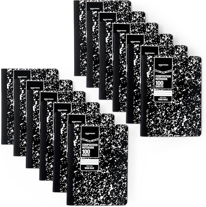 Amazon Basics Composition Notebook, Wide Ruled, 100 Sheets, 9.75" x 7.5", Marble Black, 12-Pack