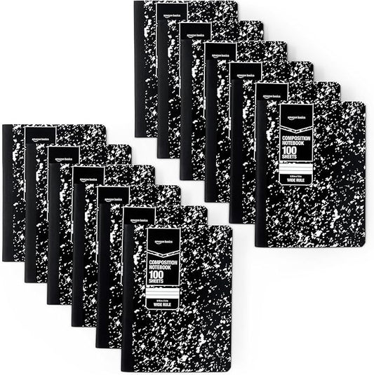 Amazon Basics Composition Notebook, Wide Ruled, 100 Sheets, 9.75" x 7.5", Marble Black, 12-Pack