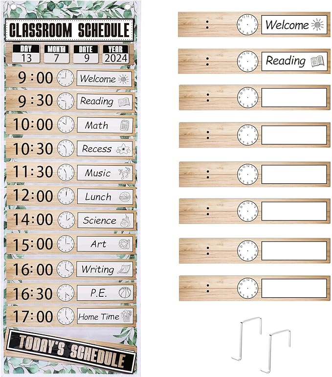 MotiMind Daily Schedule Pocket Chart for Classroom, Calendar Pocket Chart 13+1 Pockets, 21 Reusable Cards for Classroom School 13" x 36" (Rustic Color,Farmhouse)
