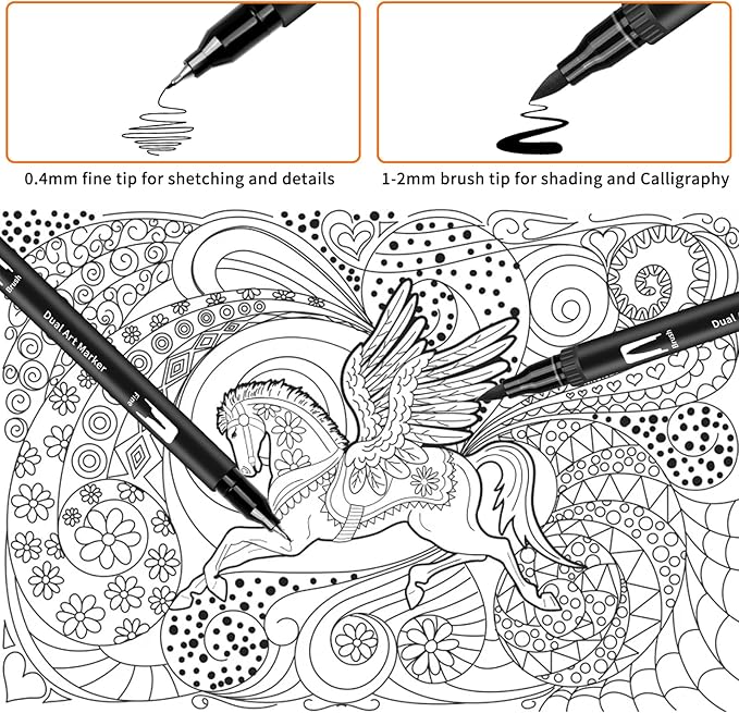 Black Drawing Pens, 12 Pack Felt Tip Markers for Adults and Kids, Dual Tip Brush Fineliners Pens for Art Drawing Sketching