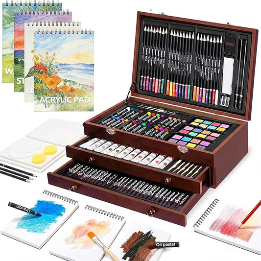 TMOL 194-Pack Art Supplies, Deluxe Art Set Drawing Painting Kit with 2 Drawing Pads, Colored Pencils, Acrylic Paints, Crayons, Watercolor, Art Kit Gift Box for Artist, Adults, Teens and Beginners