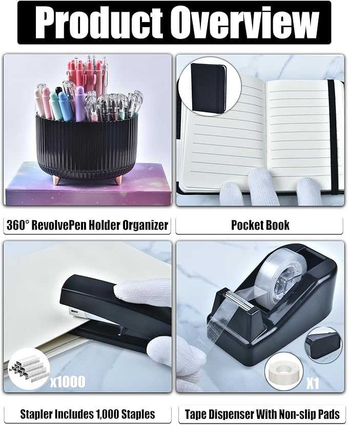 Black Desk Accessories, Office Supplies 360°Pen Holder Desk Organizers, With Tape Dispenser, Stapler, Staple Remover, Ect, Elevate Your Workspace With Sleek Black Sophistication, Back to School