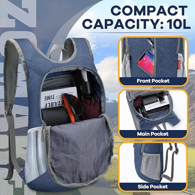ZOMAKE 10L Ultra Lightweight Packable Backpack, Small Daypack Light Foldable Backpacks Water Resistant Day Bag for Hiking(Navy Blue) | Water Resistant Collapsible Backpacks for Women Men, Everyday Carry, Multi Compartment Storage,Adjustable Strap(Navy ...