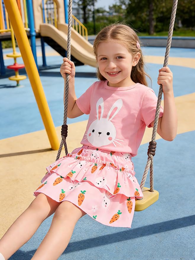Little Girls Skirt Set - 2 Piece Short Sleeve Top Shirred Tiered Skirt Outfit Girls Spring Summer Clothes 3-8 Years
