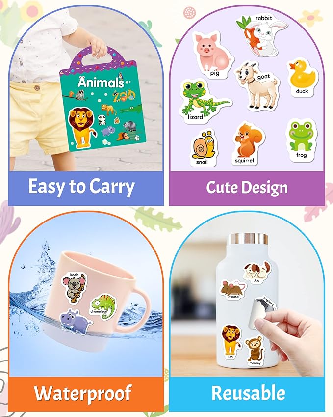 Benresive Reusable Sticker Book for Toddlers, Travel Stickers for Kids, Toddler Crafts Activities Toys, Birthday Gifts for Boys & Girls - Animals Zoo
