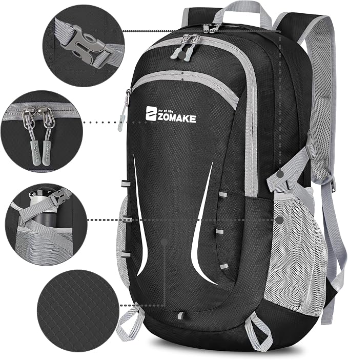 ZOMAKE Lightweight Packable Backpack 35L, Foldable Backpacks Water Resistant Collapsible Light Daypack for Hiking(Black) | Light Hiking Backpacks Collapsible Day Pack for Travel, Everyday Carry, Multi Compartment Storage, Adjustable Strap (Black B)