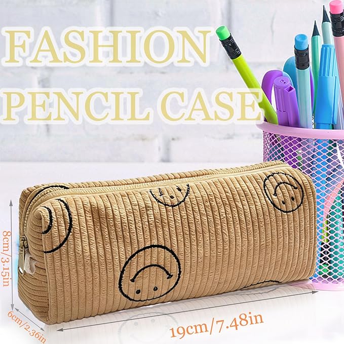 Pencil Pouch Cute Pencil Case Office Storage Bag Holder Box Organizer Aesthetic Bow Flower Pattern Makeup Pouch Cosmetic Bag for Women (KHAKI SMILE)