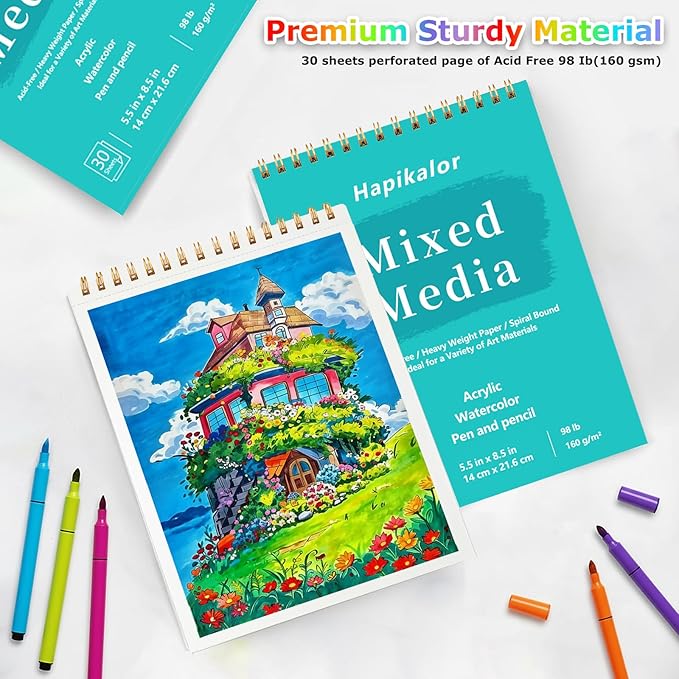 Sketch Book Mixed Media Pad - 5.5" x 8.5" Top Spiral Bound Sketch Pad, 30 Sheets 98lb/160gsm Acid-Free Drawing Paper, Art Supplies Sketchbook for Drawing, Sketching