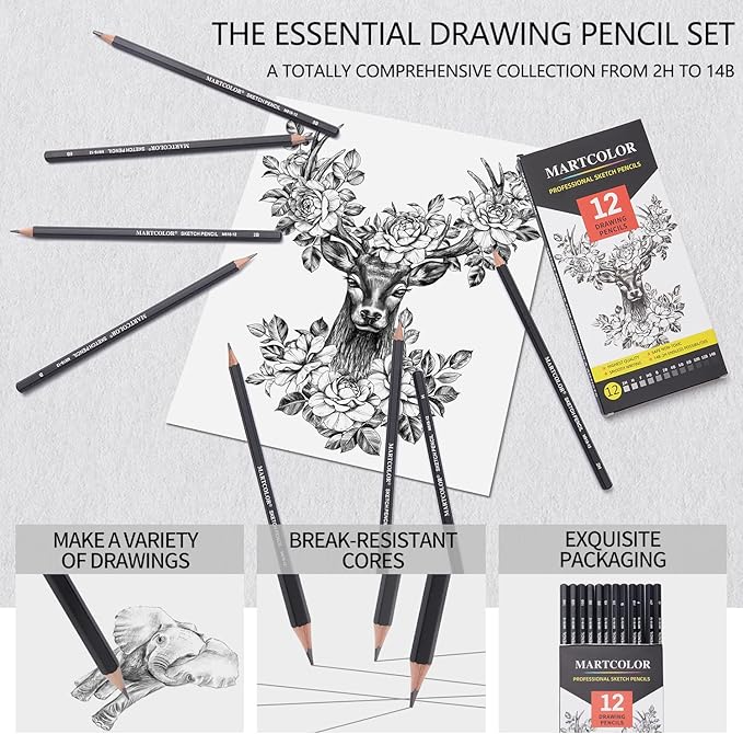 MARTCOLOR Drawing Sketching Pencils Set, 12 Pack Graphite Pencils(14B - 2H), Ideal for Drawing Art, Sketching, Shading, Artist Pencils for Beginners & Pro Artists