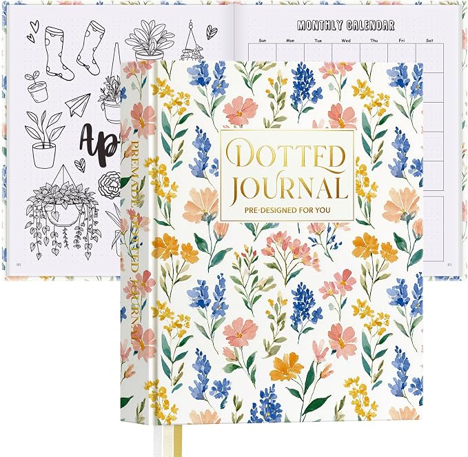 Everloria Premade Dotted Journal Notebook, 12 Months Pre-made Templates, 260 Hand-Drawn Coloring Pages, Undated Weekly & Monthly Planner, 7.8"x9.3" Leather Dot Grid Mood Habit Tracker