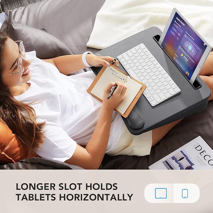 HUANUO Laptop Lap Desk - Portable Lap Desk with Pillow Cushion, Fits up to 15.6 inch Laptop, with Anti-Slip Strip & Storage Function for Home Office Students Use as Computer Laptop Stand - Grey