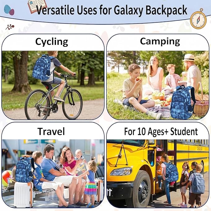 Cusangel Kids Backpack for Girls and Boys, 16in Nylon Bookbag, Large Capacity, Multi-Pocket with Chest Strap, Ages 8-14 (Blue-Boysbag)