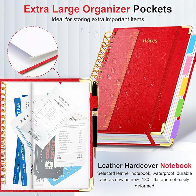Hardcover Spiral Notebook 6.2"x 8.2" Journal Notebook with Tabs and Removable Dividers 300 Pages 5 Subject Notebook College Ruled, Faux Leather Spiral Bound Notebook for Women School Work(Red)