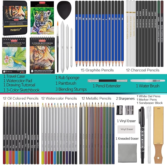 PANDAFLY 80 Drawing Sketching Kit Set - Pro Art Supplies with Sketchbook & Watercolor Paper - Include Tutorial,Pastel,Watercolor,Sketch,Colored,Metallic,Charcoal Pencils - for Beginners & Pro Artists