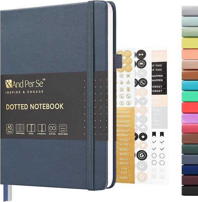 &And Per Se Dotted Journal Notebook, A5 Hardcover Leather Dotted Journal, 160 Pages 100gsm Thick Dot Grid Paper, 3 Sheets of Stickers Included - 5.7'' x 8'' (Dark Blue)