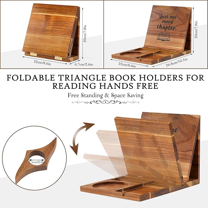 Book Holder Stand for Reading Rest, Wooden Foldable Book Rest with Book Page Holder, Cup, iPad & Phone Stand, Book Nook Reading Valet Desktop Triangle Bookstand Bookshelf for Readers Bookworms Gifts