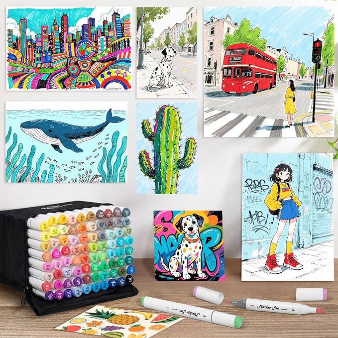 WELLOKB Alcohol Markers Set, 80 colors Alcohol Based Dual Tip, Brush and Fine Tip for Adult Coloring Books, Drawing, Sketching