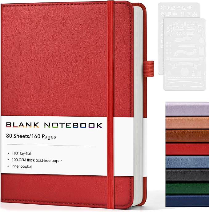 Journal Notebook, A5 Leather Hardcover Blank Sketchbook, 160 Pages, 180° Lay-Flat Binding, 100 GSM Thick Paper, for Sketching, Drawing, Art Journaling & Creative Writing, Red