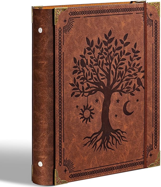 Ovesmusl PU Leather 3 Ring Binder Fits 8.5"x11" Letter Size Paper, 1.5 Inch Round Ring Binder Holds 350 Sheets, Notepad Paper Cover Loose Leaf Organizer, Brown Tree