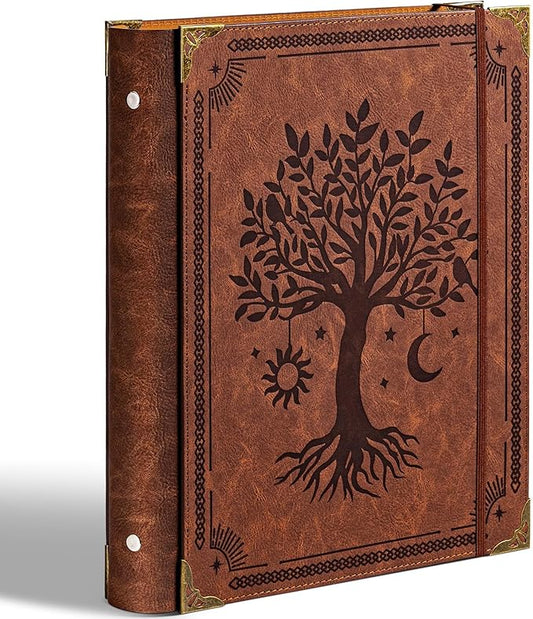 Ovesmusl PU Leather 3 Ring Binder Fits 8.5"x11" Letter Size Paper, 1.5 Inch Round Ring Binder Holds 350 Sheets, Notepad Paper Cover Loose Leaf Organizer, Brown Tree