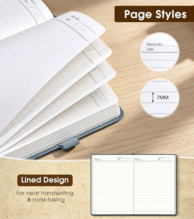 Lined Journal Notebook, A5 Hardcover Leather Journals for Writing, 160 Numbered Pages, 5.7'' x 8.3'' Journaling Notebooks for Men Women, Thick Paper College Ruled Journal for Work Office School, Dusty Blue
