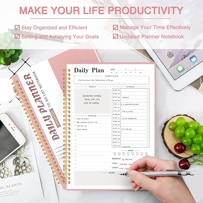 Undated Daily Planner with Hourly Schedule - One Page Per Day for Productivity, Goal Setting & Time Management, Flexible for Professionals & Students