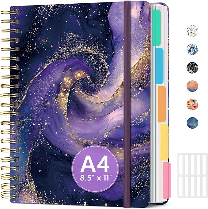 Large Spiral Lined Notebooks for Work with Removable Dividers & Tabs, 8.5"x11" Pretty Hardcover 5 Subject Notebook Journal for Women, College Ruled, for Study & Office, 280 Pages,Cosmic Amethyst