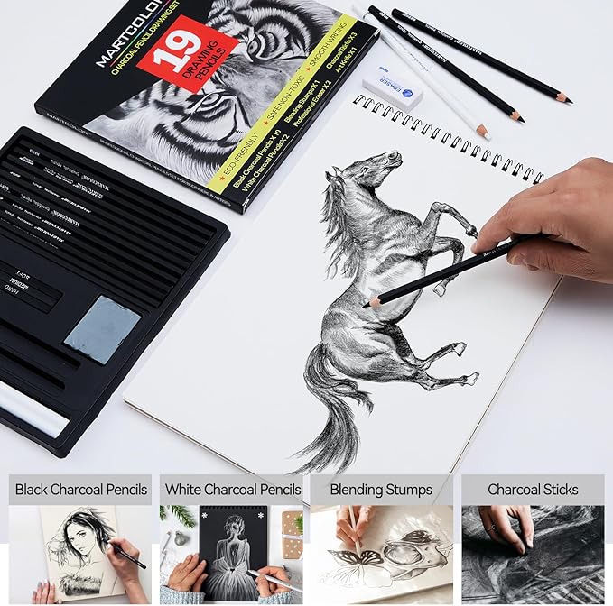 MARTCOLOR Charcoal Drawing Set, 19 Pieces, Black & White Charcoal Pencils for Drawing, Sketching, Shading, Blending, Artist Pencils for Beginners & Pro Artists