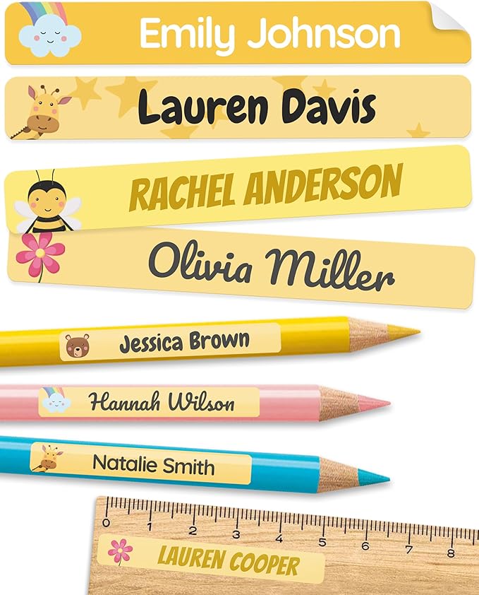 Personalized Kids Name Labels for Pencils Yellow [75pcs] - Waterproof Name Stickers for School & Daycare - Pencil Custom Name Stickers - Children Name Stick On Labels for Pens (2.0”x0.3”)