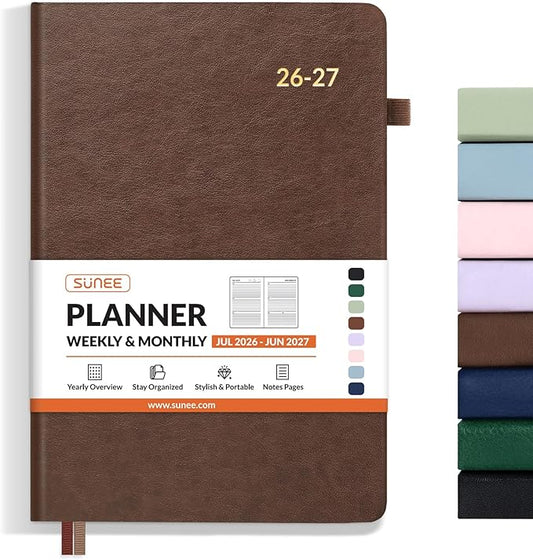 SUNEE 2026-2027 Weekly & Monthly Hardcover Planner 5.5" x 8.3" - 12 Month (July 2026 - June 2027), Small Academic Year Calendar Planner, Pocket, Notes, 100 GSM Paper, Brown