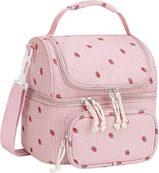 HowFly Lunch Bag for Women Insulated Lunch Boxes Corduroy Resuable Double Deck Lunch Box for Girls Teens Kigs Boys Portable Thermal Cooler Bags for School Work, Pink Strawberry (Red)