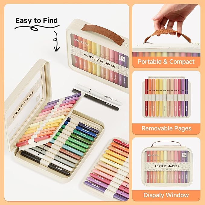 MemOffice Direct Liquid Acrylic Paint Markers, 24 Colors Brush Tip Pens with Carrying Case, No Bleed, Waterproof, for Rock, Wood, Canvas, Glass, Fabric, DIY Crafts for Adults