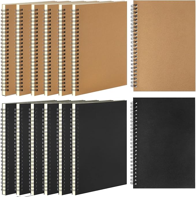 Leelosp 12 Pcs Small Spiral Notebook Lined Spiral Journal College Ruled Notebook Wire Bound Kraft Cover, 120 Pages for Work (Brown,Black,5.5 x 8.3 Inch)