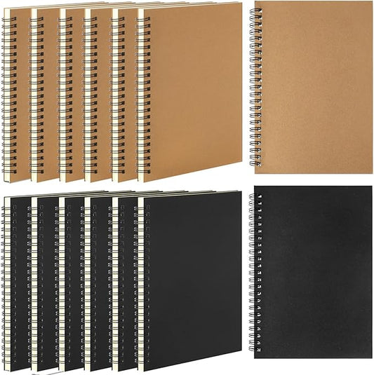 Leelosp 12 Pcs Small Spiral Notebook Lined Spiral Journal College Ruled Notebook Wire Bound Kraft Cover, 120 Pages for Work (Brown,Black,5.5 x 8.3 Inch)