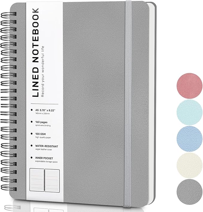 ABERLLS Lined Spiral Journal Notebook with 160 Pages, 8×5.7in, A5 Spiral Notebook, Journaling Notebooks for Work, School, Women, Men, College Ruled Spiral Notebook, Hardcover Leather Journals, Gray