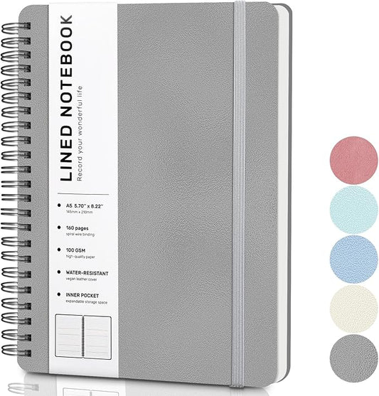 ABERLLS Lined Spiral Journal Notebook with 160 Pages, 8×5.7in, A5 Spiral Notebook, Journaling Notebooks for Work, School, Women, Men, College Ruled Spiral Notebook, Hardcover Leather Journals, Gray