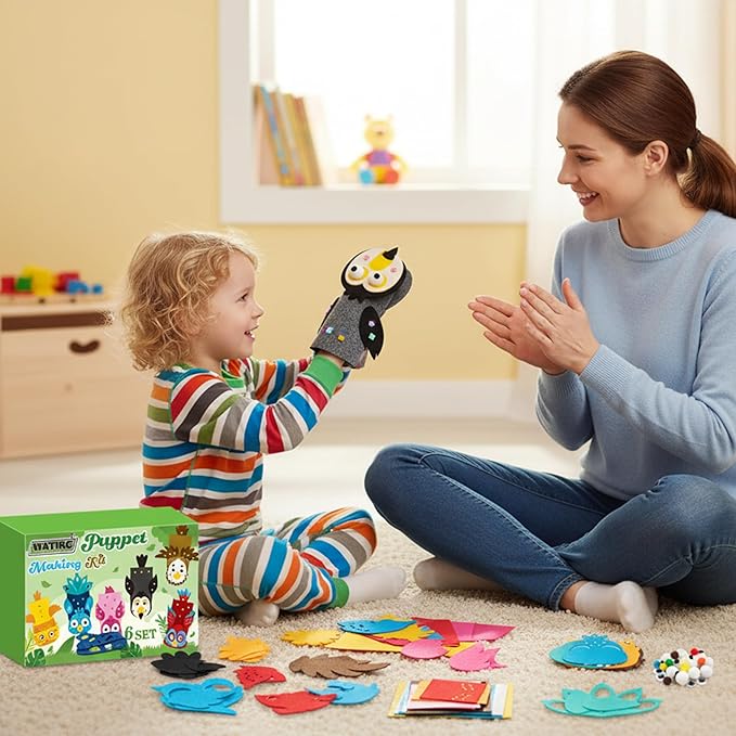 WATINC 6Pcs Hand Puppet Making Kit, Art Craft Felt Sock Puppet Toys, Creative DIY Make Your Own Pompoms Wiggle Googly Eyes Storytelling Role Play Party Supplies Gift for Girls Boys (Bird A)