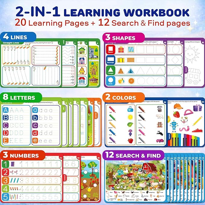QUOKKA Busy Book for Toddlers 3-5 – Adventure Search and Find Activity Pad - Toddler Dry Erase Learning Workbook with Markers for Travel Quiet Time