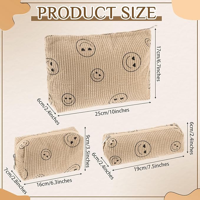 Huhumy 3 Pcs Makeup Bag Set for Women Corduroy Cosmetic Pouch Aesthetic Smile Travel Toiletry Bag Cute Purse Pouch Pencil Case Makeup Brushes Storage Organizer with Zipper(Khaki,Smile Face)